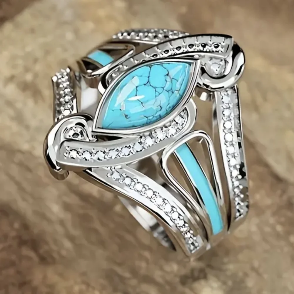 New Turquoise Inspired Statement Ring Silver Tone Marquise Turquoise Ring T2B1D